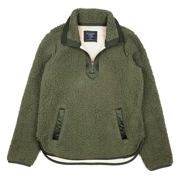 ABERCROMBIE Oversized Sherpa Half Zip High Neck Pullover Teddy Sweater Olive XS - Picture 1 of 8